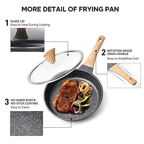 YIIFEEO Non Stick Frying Pan Set - Stone Skillet Set with Lids, 8" 9.5" 11" Gray | Induction Compatible Cookware thumbnail 4