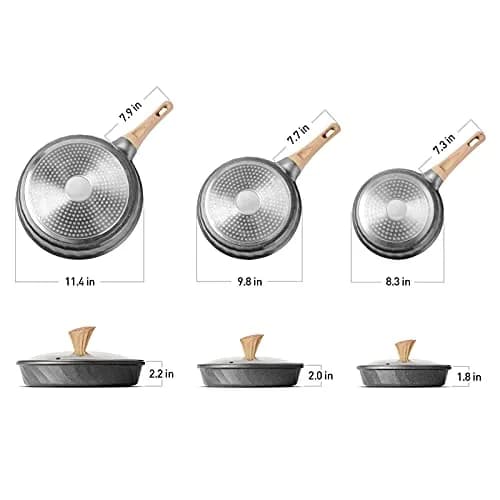 YIIFEEO Non Stick Frying Pan Set - Stone Skillet Set with Lids, 8" 9.5" 11" Gray | Induction Compatible Cookware thumbnail 2