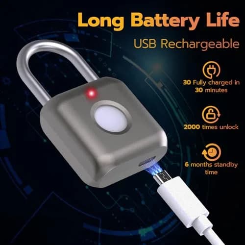 Pothunder Fingerprint Smart Padlock Lock Gray | Biometric Keyless Thumbprint Lock 62g (2.2 oz) thumbnail 5