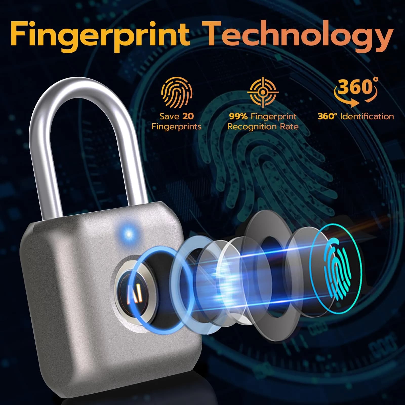 Pothunder Gray Biometric Fingerprint Padlock | Keyless Smart Lock for Gym Locker, Luggage, Backpack - view 3