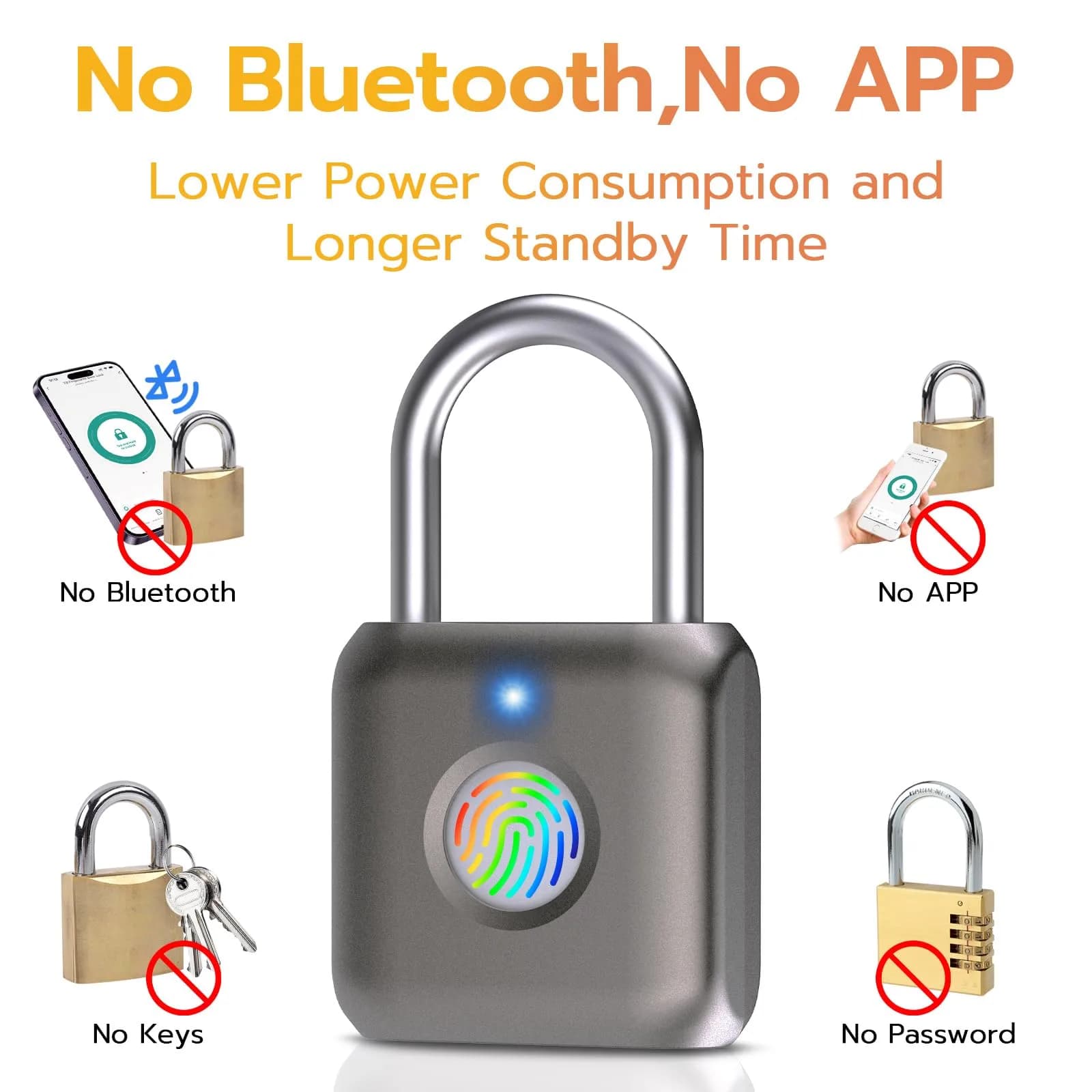 Pothunder Gray Biometric Fingerprint Padlock | Keyless Smart Lock for Gym Locker, Luggage, Backpack - view 4