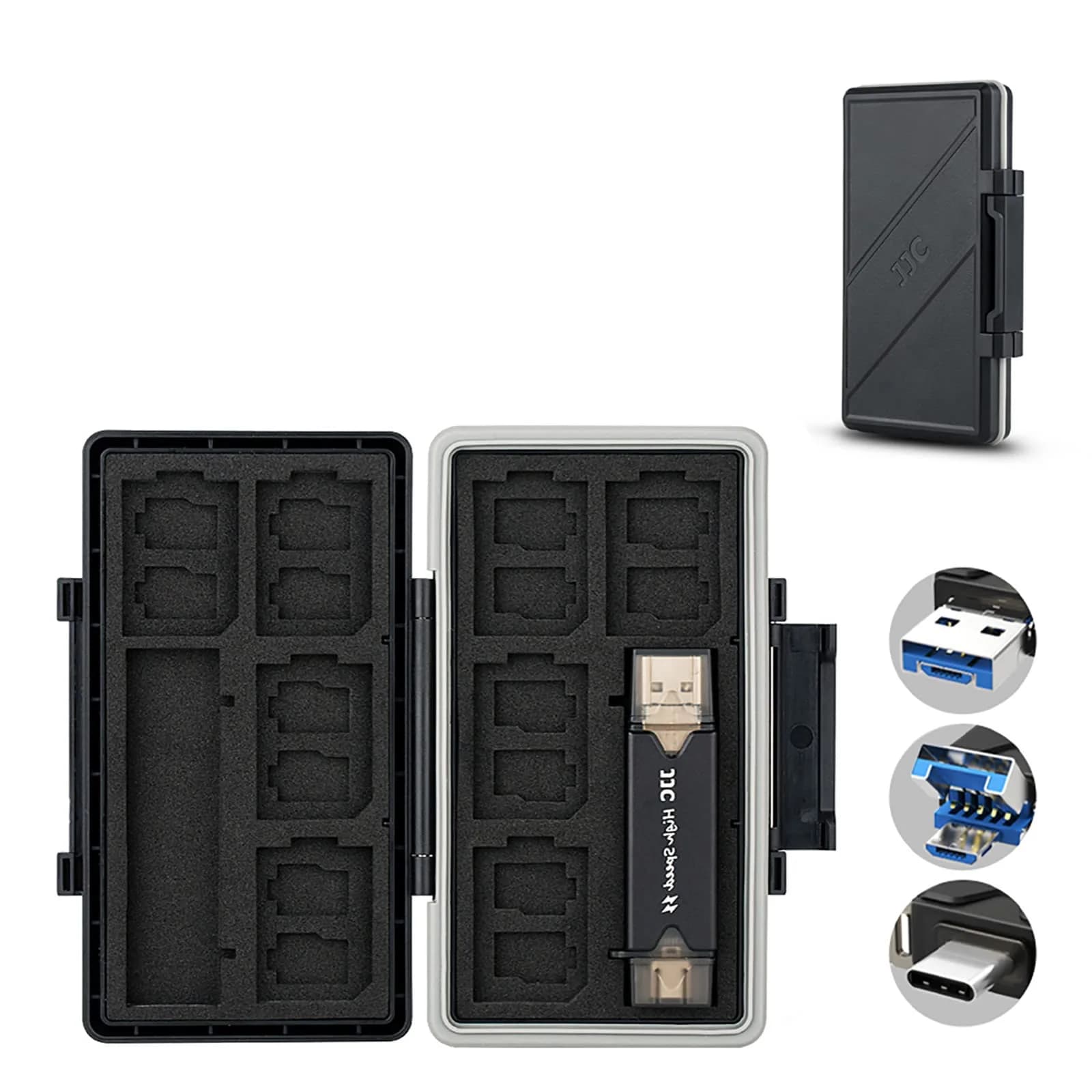 JJC 24-Slot Memory Card Case Holder with USB 3.0 Card Reader | Stores 16 Micro SD & 8 SD Cards