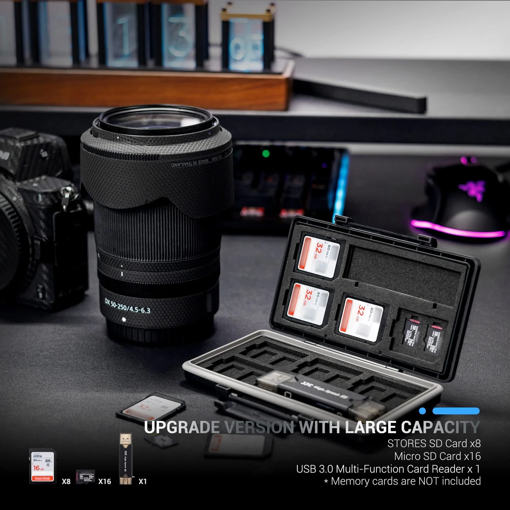 JJC 24-Slot Memory Card Case Holder with USB 3.0 Card Reader | Stores 16 Micro SD & 8 SD Cards - view 3
