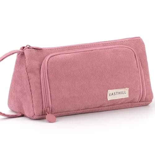 EASTHILL Large Capacity Pencil Case Organizer | Simple Pink Polyester Stationery Pouch with Handheld Band — Pink