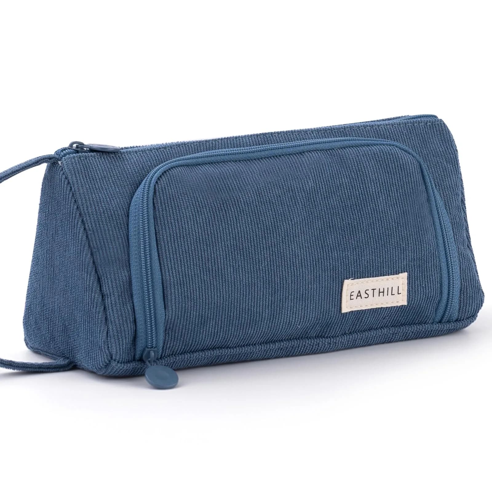 EASTHILL Large Capacity Pencil Case Organizer | Simple Pink Polyester Stationery Pouch with Handheld Band — Blue