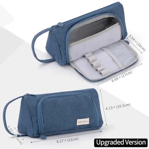 EASTHILL Big Capacity Pencil Case Blue | Durable Corduroy Organizer for Students & Professionals thumbnail 4