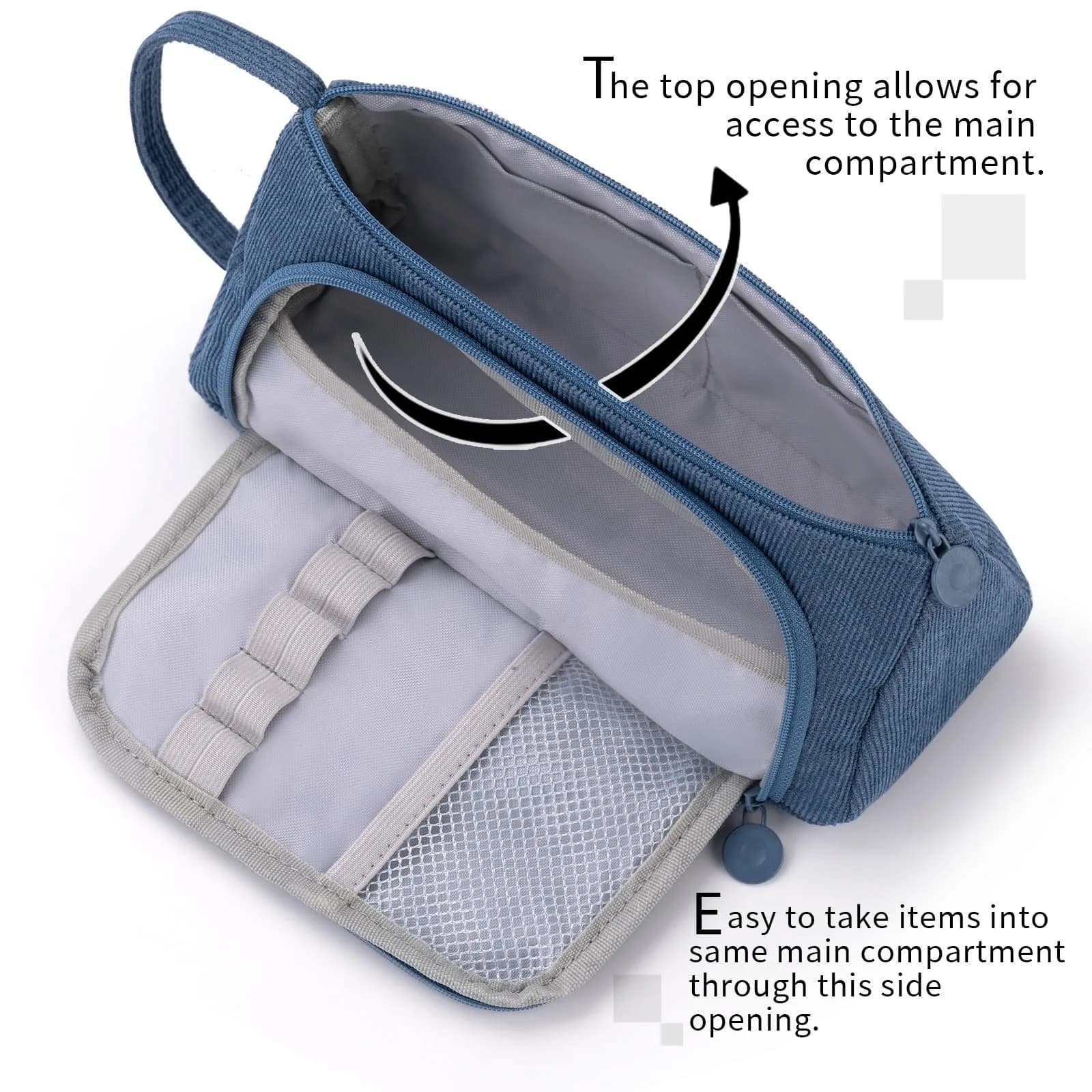EASTHILL Big Capacity Pencil Case Blue | Durable Corduroy Organizer for Students & Professionals - view 2