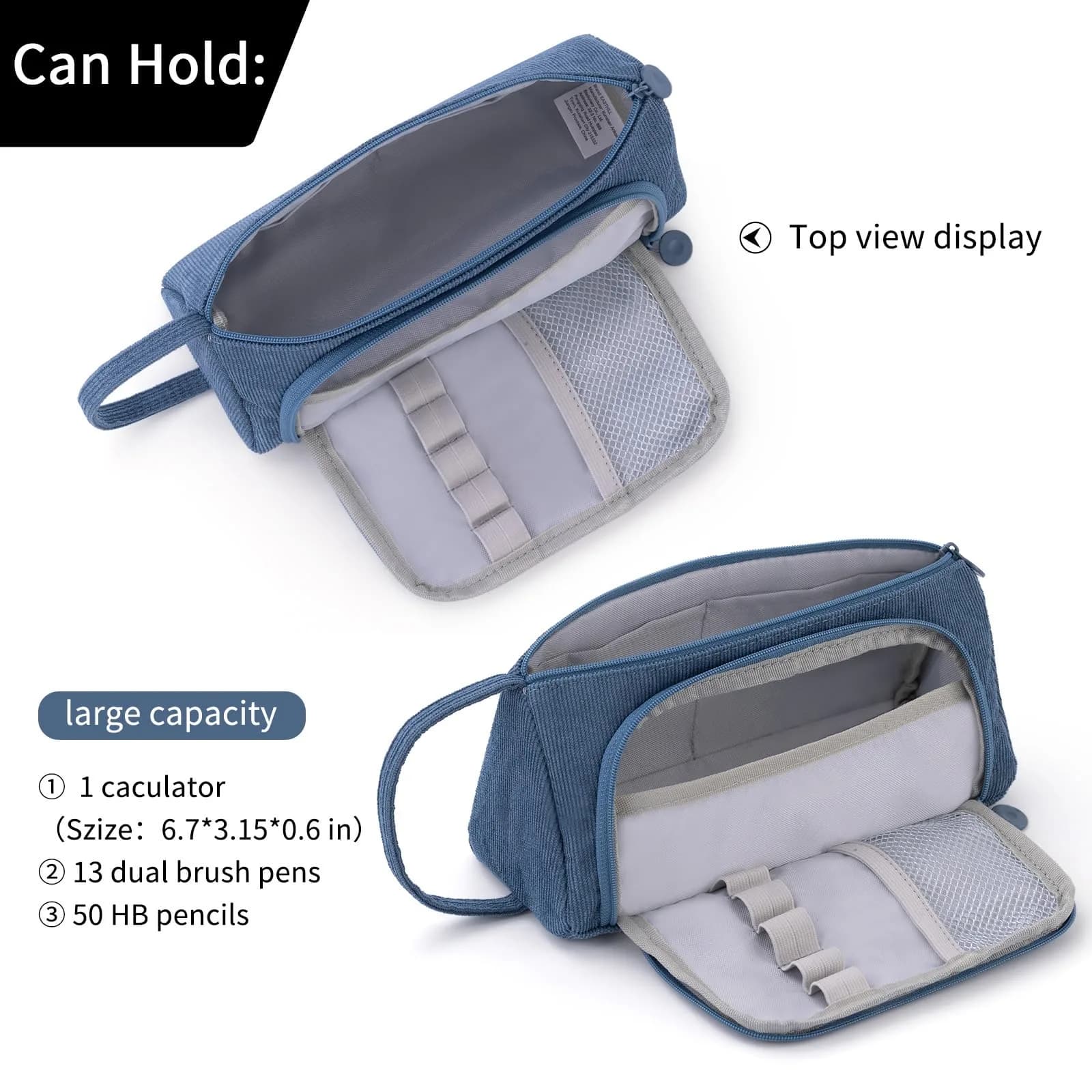 EASTHILL Big Capacity Pencil Case Blue | Durable Corduroy Organizer for Students & Professionals - view 3