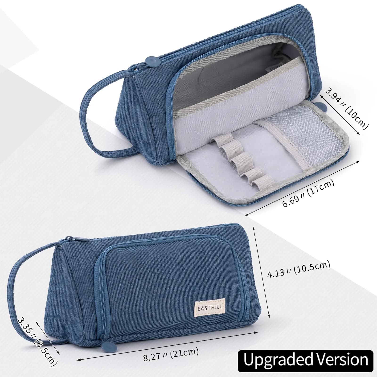 EASTHILL Big Capacity Pencil Case Blue | Durable Corduroy Organizer for Students & Professionals - view 4