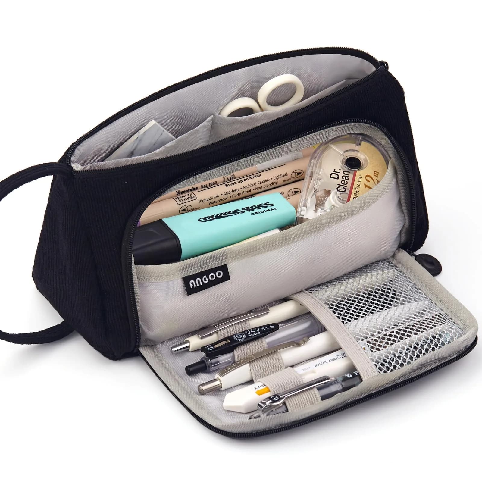 EASTHILL Black Large Capacity Pencil Case Organizer | Simple Polyester Stationery Pouch with Handheld Band - main product image