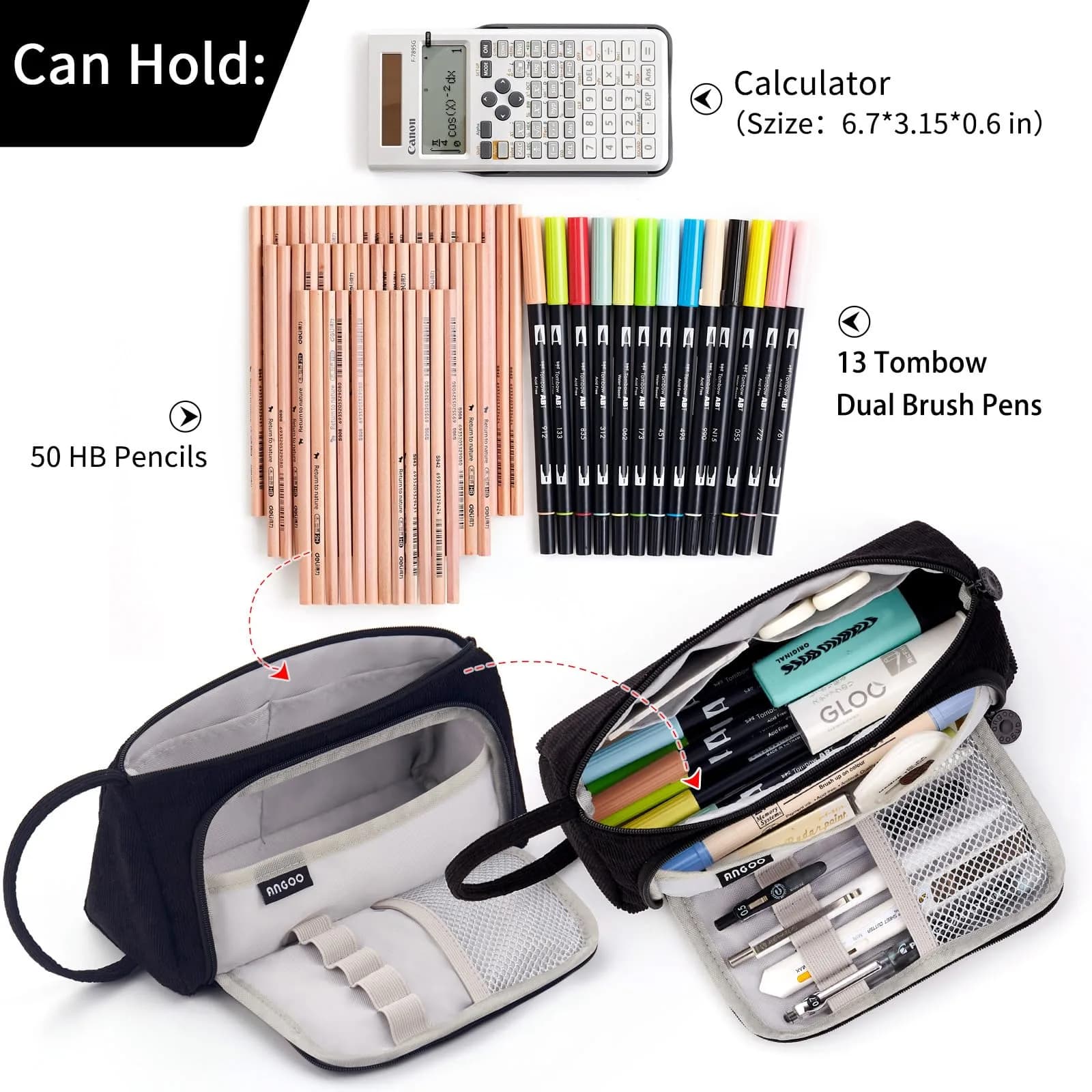 EASTHILL Black Large Capacity Pencil Case Organizer | Simple Polyester Stationery Pouch with Handheld Band - view 2
