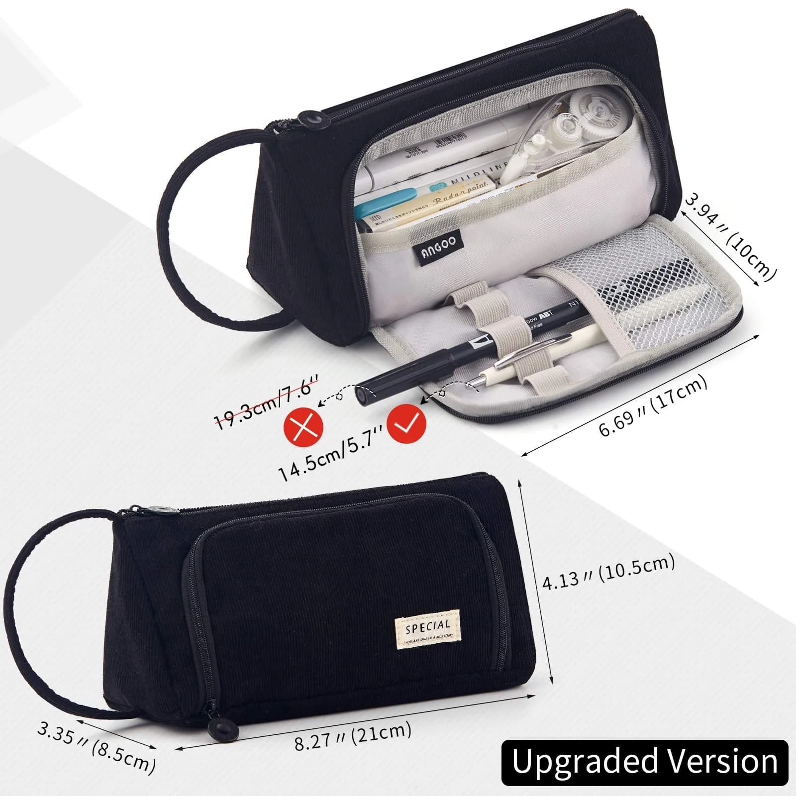 EASTHILL Black Large Capacity Pencil Case Organizer | Simple Polyester Stationery Pouch with Handheld Band - view 4