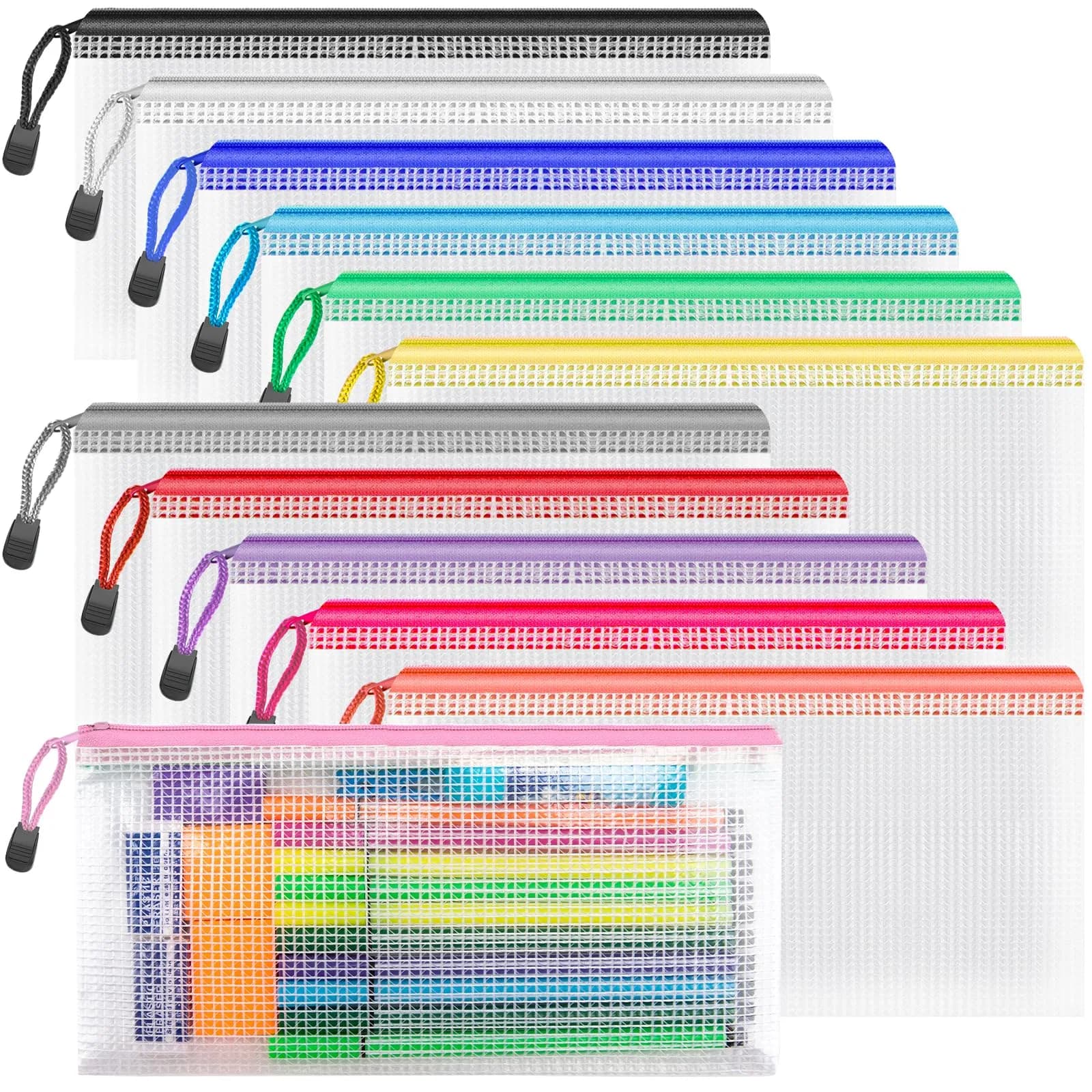 Umriox 12 Pack A6 Mesh Zipper Pouch Bags | Color Coded Small Organizer for Office & School