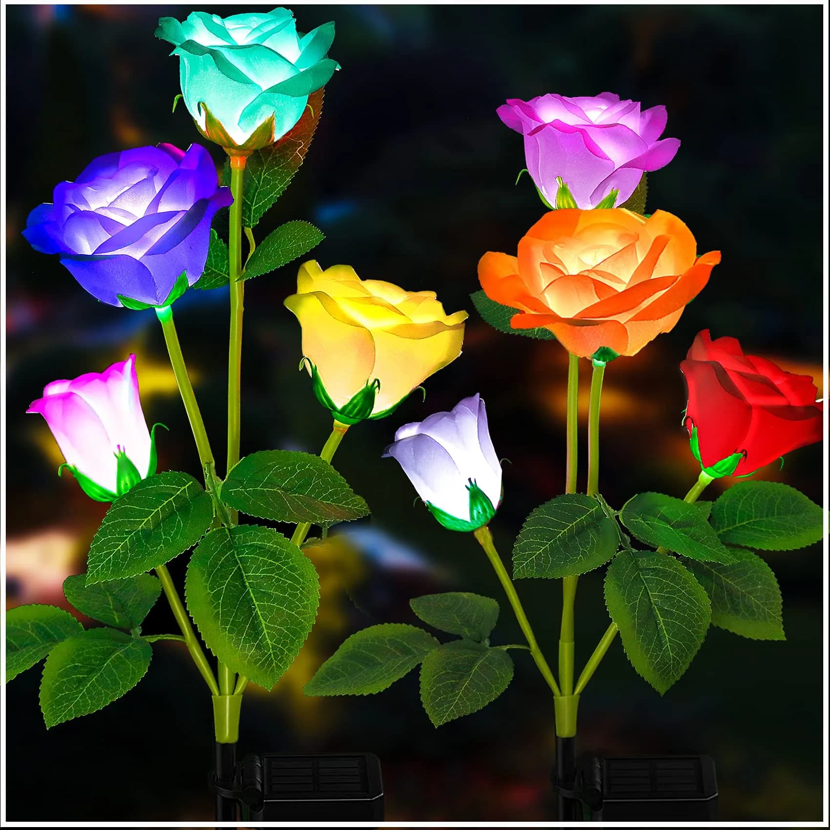 TONULAX Solar Garden Lights - Upgraded 7-Color Changing Rose Flower Lights (2 Packs) | Realistic LED Landscape Path Lights — Multicolor