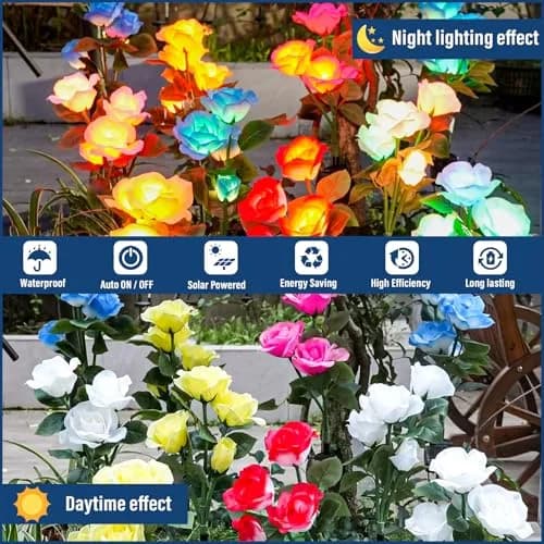 TONULAX Solar Garden Lights - Upgraded 7-Color Changing Rose Flower Lights (2 Packs) | Realistic LED Landscape Path Lights thumbnail 5