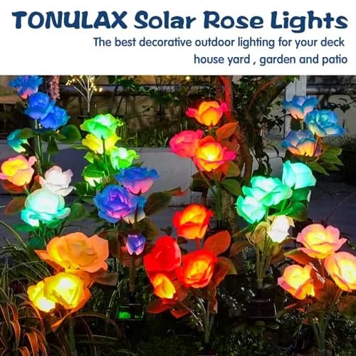 TONULAX Solar Garden Lights - Upgraded 7-Color Changing Rose Flower Lights (2 Packs) | Realistic LED Landscape Path Lights thumbnail 6