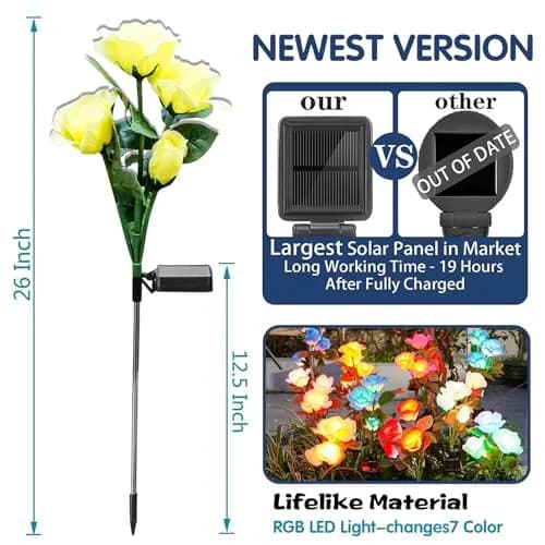 TONULAX Solar Garden Lights - Upgraded 7-Color Changing Rose Flower Lights (2 Packs) | Realistic LED Landscape Path Lights thumbnail 3
