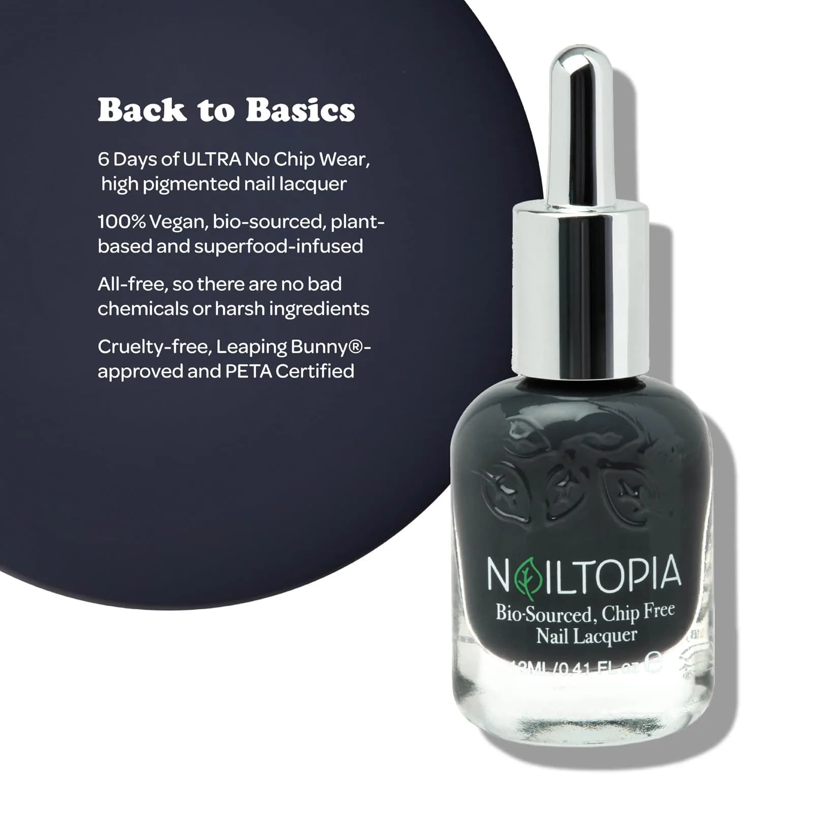 Nailtopia Plant-Based Chip Free Nail Lacquer Back to Basics Dark Grey 12ml (0.41 fl oz) | 85% Bio-Sourced, Non-Toxic, Vegan - view 2