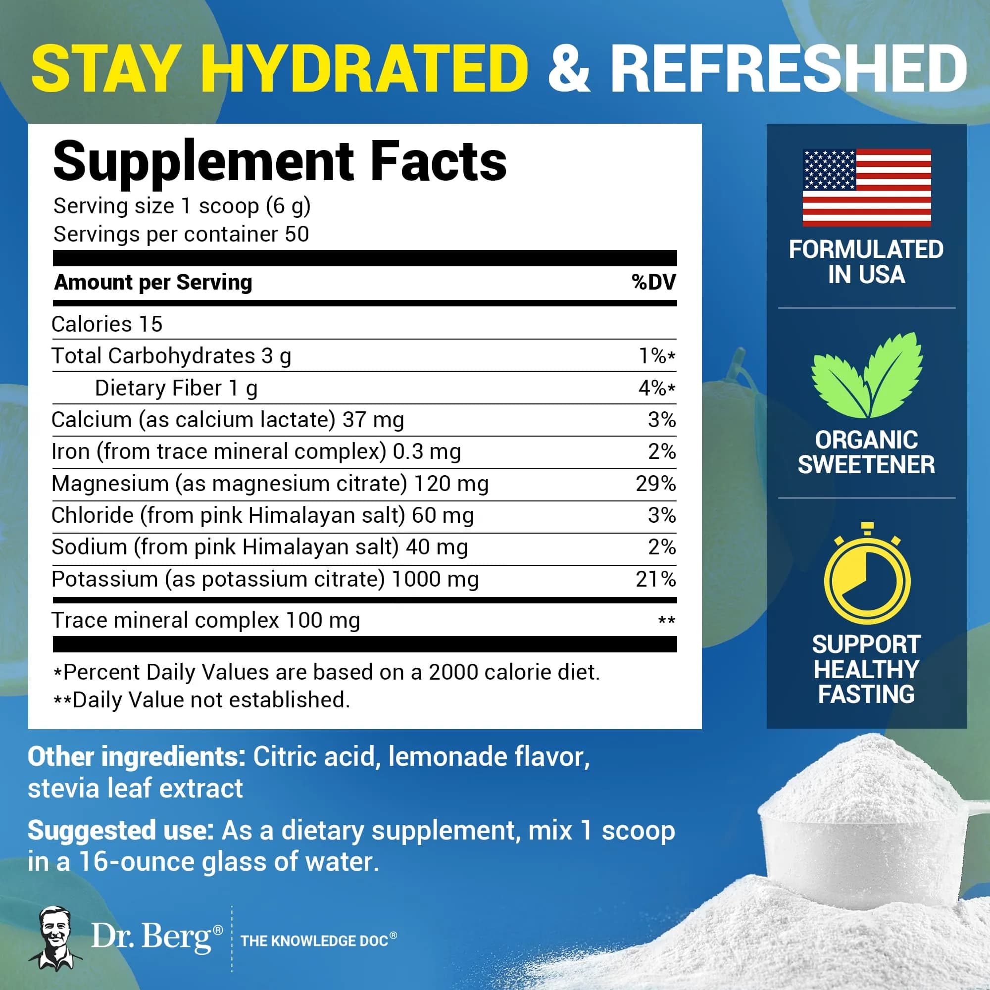 Dr. Berg Nutritionals Lemonade Keto Electrolyte Powder - 50 Servings, Zero Sugar, 1000mg Potassium - view 3