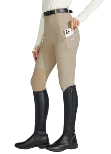 Willit Women's High Rise Riding Pants with Suede Knee Patches & Zip Pockets - Khaki Medium | 4-Way Stretch & UPF 50+ Sun Protection thumbnail 1