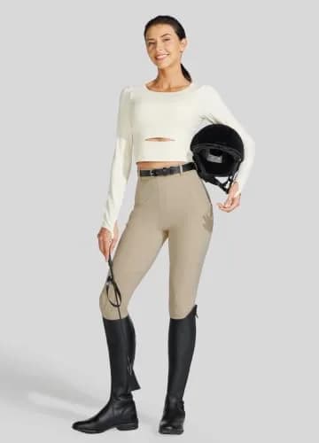 Willit Women's High Rise Riding Pants with Suede Knee Patches & Zip Pockets - Khaki Medium | 4-Way Stretch & UPF 50+ Sun Protection thumbnail 6