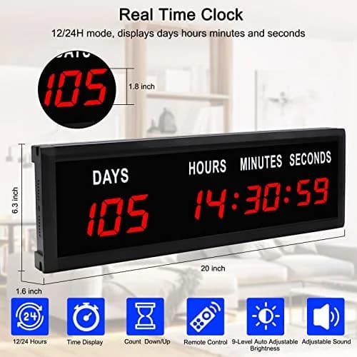 Jhering LED Countdown Clock with Remote, 51mm (1.8") Red Display, 364-Day Countdown Timer | Modern Aluminum Wall Clock thumbnail 3