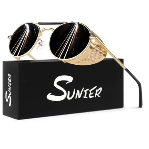 Sunier Round Polarized Steampunk Sunglasses Men Women Side Shield Goggles | UV400 HD Polarized Lens with Adjustable Fit thumbnail 1
