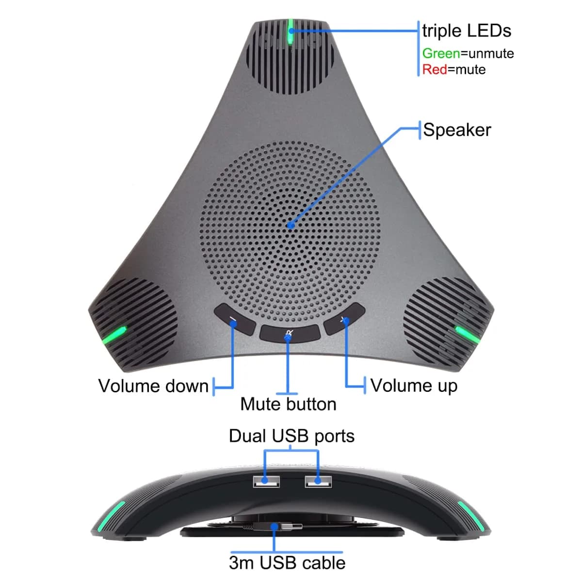 PolaTab Q95 mini Conference Speaker and Microphone | USB Speakerphone with USB Hub & Noise Reduction - view 6
