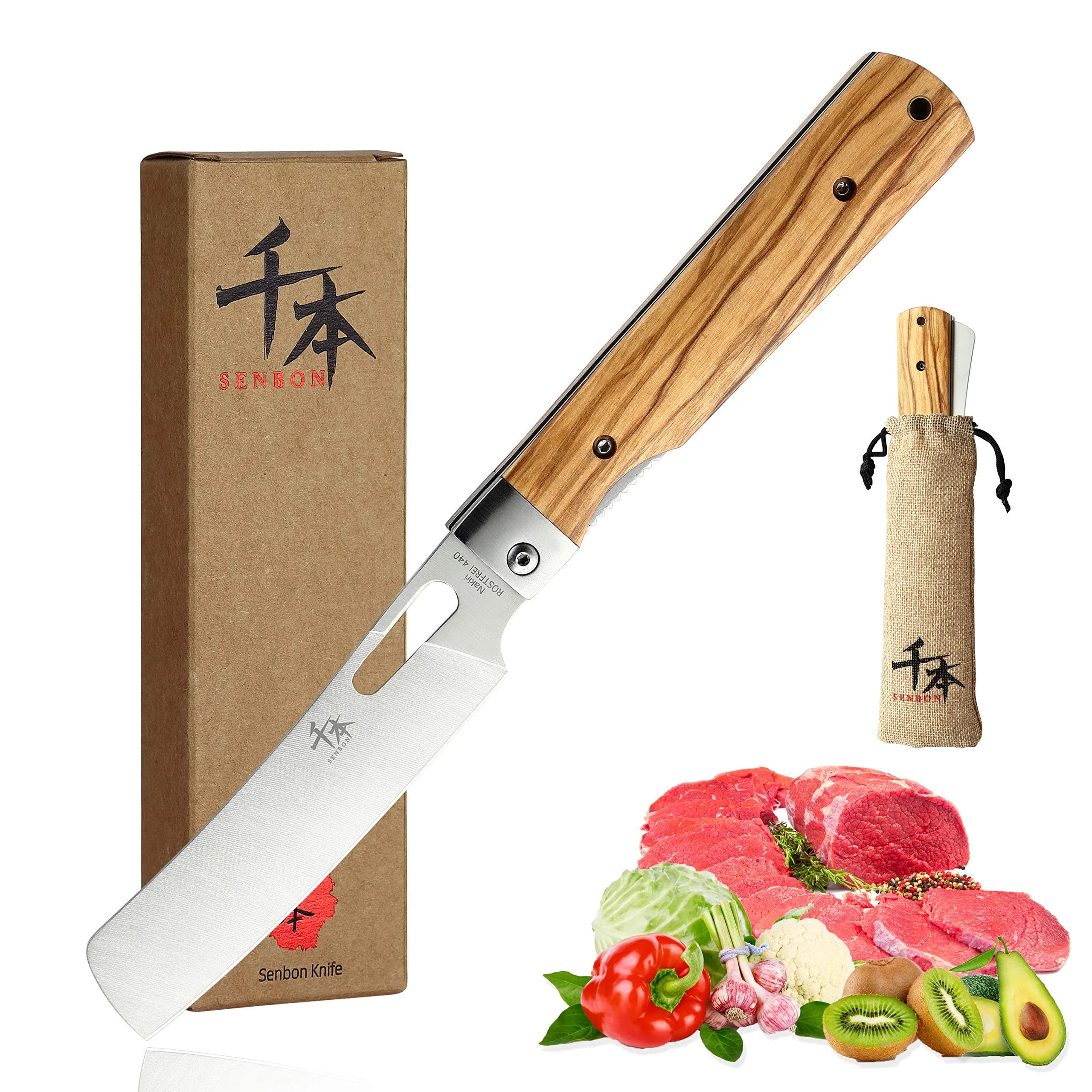 SENBON Ultra Sharp Folding Chef Knife with Olive Wood Handle | 20.3 cm (8 in) Blade - main product image