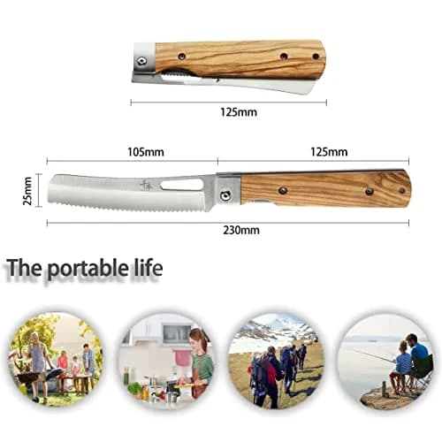 SENBON 440A Stainless Steel Pocket Folding Bread Knife 23cm (9in) | Serrated Blade with Olive Wood Handle thumbnail 2