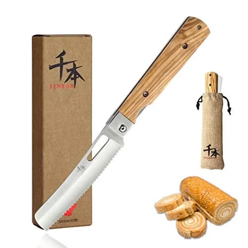SENBON 440A Stainless Steel Pocket Folding Bread Knife 23cm (9in) | Serrated Blade with Olive Wood Handle - main product image