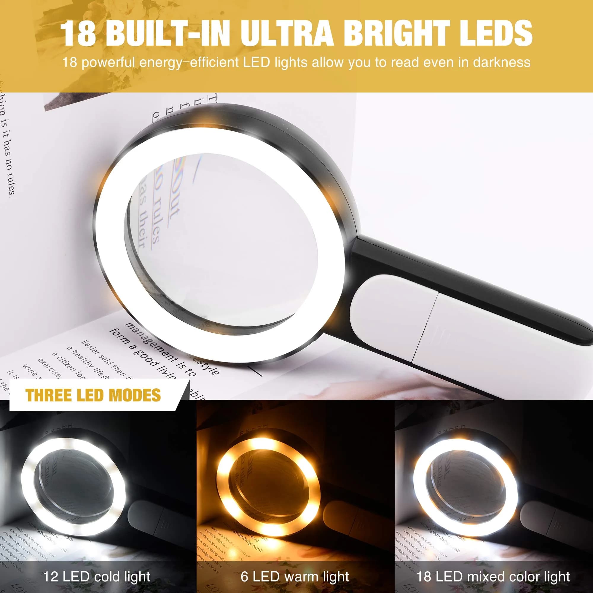 JMH Handheld Magnifying Glass with Light, 3.15" Lens | 18 LEDs, 3 Light Modes, 3x Magnification - view 5
