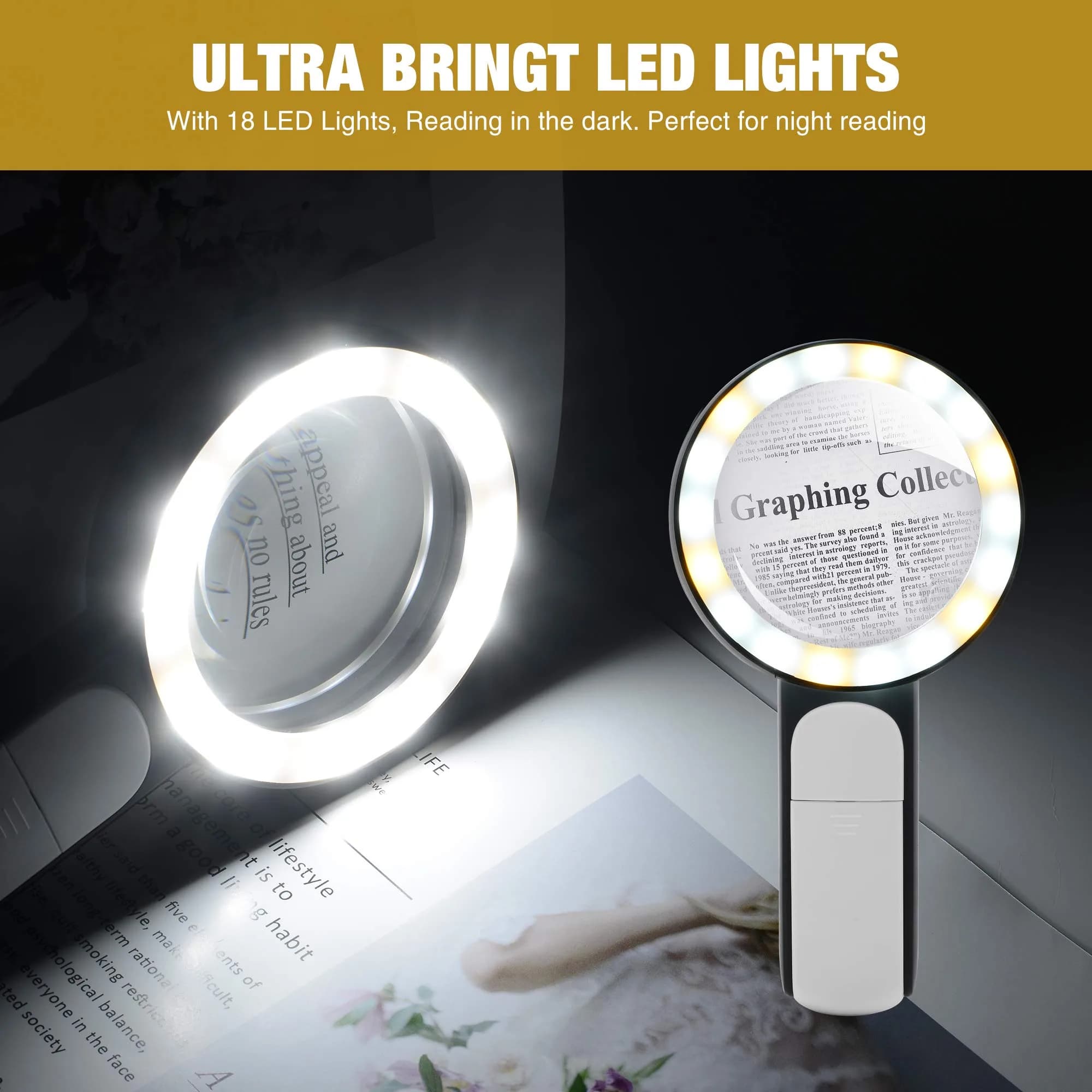 JMH Handheld Magnifying Glass with Light, 3.15" Lens | 18 LEDs, 3 Light Modes, 3x Magnification - view 7