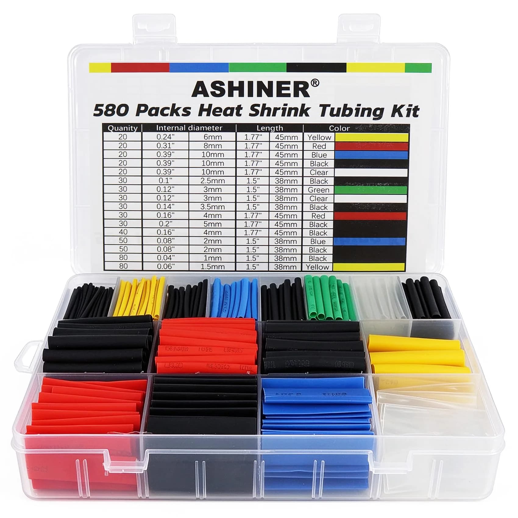 ASHINER Heat Shrink Tubing Kit - 580Pcs EVA Material in 6 Colors and 11 Sizes | Waterproof, Fire-Resistant, Easy to Use