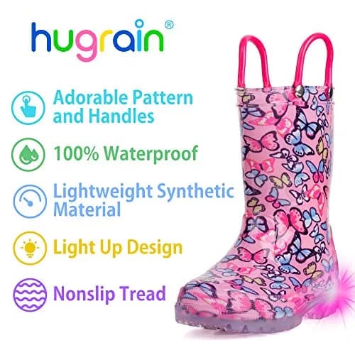 HugRain Toddler Girls Rain Boots 8 Pink Light Up Waterproof Butterfly Handles (Size 8, Pink) thumbnail 3