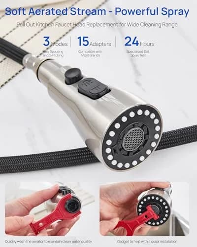 J-HVA Pull Down Kitchen Faucet Sprayer Head Replacement Part, Brushed Nickel | 3-Function Nozzle for Easy Cleaning thumbnail 6