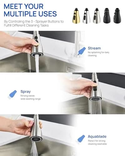 J-HVA Pull Down Kitchen Faucet Sprayer Head Replacement Part, Brushed Nickel | 3-Function Nozzle for Easy Cleaning thumbnail 2