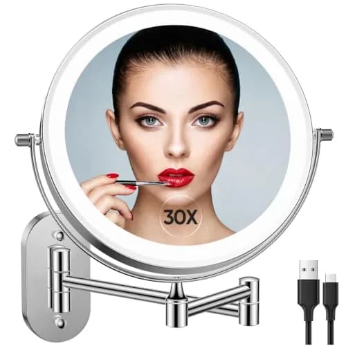 FUNTOUCH Rechargeable Wall Mounted Lighted Makeup Mirror 8 Inch (20cm) | 1X/30X Magnification, 3 Color Lights thumbnail 1