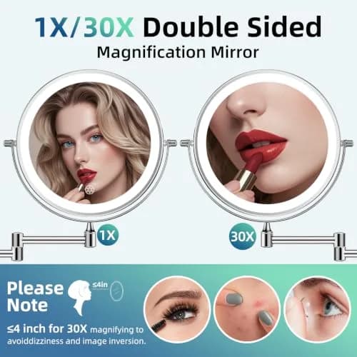 FUNTOUCH Rechargeable Wall Mounted Lighted Makeup Mirror 8 Inch (20cm) | 1X/30X Magnification, 3 Color Lights thumbnail 3