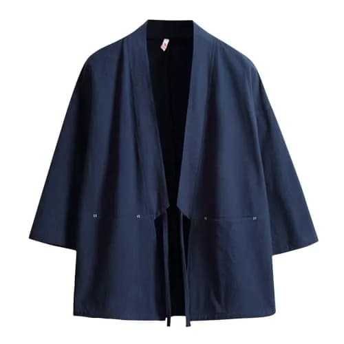 Haseil Men's Kimono Cardigan Japanese Jackets Casual Cotton 3/4 Sleeve Navy Blue M | Lightweight Linen Outwear thumbnail 1