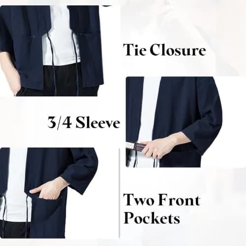 Haseil Men's Kimono Cardigan Japanese Jackets Casual Cotton 3/4 Sleeve Navy Blue M | Lightweight Linen Outwear thumbnail 4