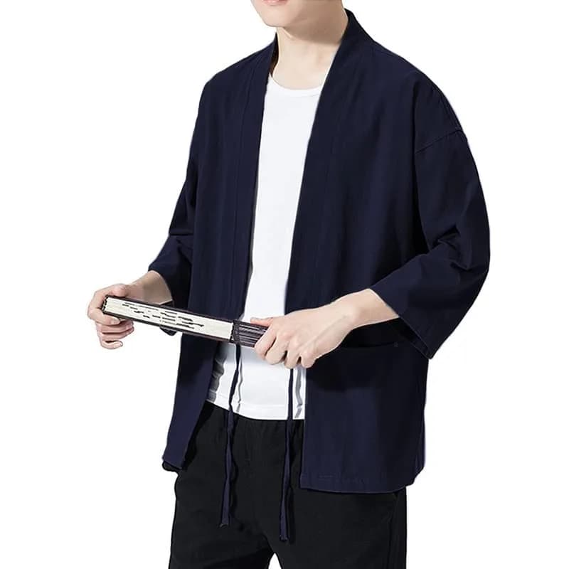 Haseil Men's Kimono Cardigan Japanese Jackets Casual Cotton 3/4 Sleeve Navy Blue M | Lightweight Linen Outwear thumbnail 7