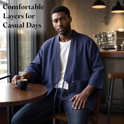 Haseil Men's Kimono Cardigan Japanese Jackets Casual Cotton 3/4 Sleeve Navy Blue M | Lightweight Linen Outwear thumbnail 3
