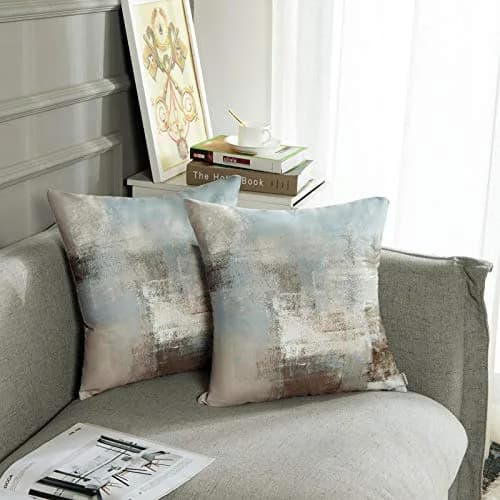 Britimes Grey Beige Teal Velvet Throw Pillow Covers Set of 2, 45cm (18 Inch) | Modern Square Cushion Cases thumbnail 5