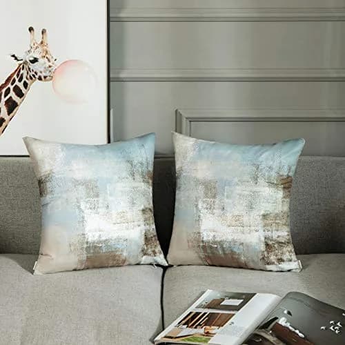 Britimes Grey Beige Teal Velvet Throw Pillow Covers Set of 2, 45cm (18 Inch) | Modern Square Cushion Cases thumbnail 3