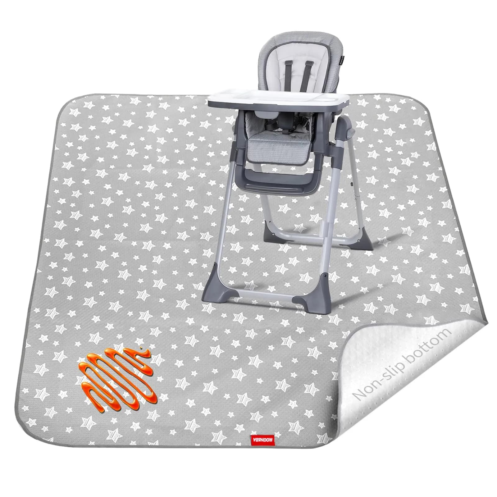 Moonsea Grey Star Splat Mat 107cm x 117cm (42"x46") | Waterproof, Non-Slip, Machine Washable for High Chairs & Playtime