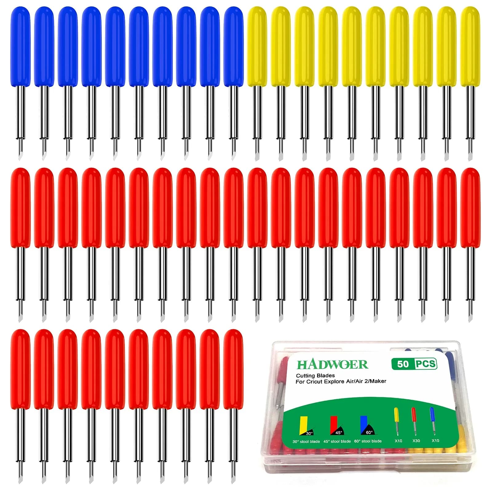 Hadwoer 50PCS Replacement Cutting Blades for Cricut Explore Air/Maker Series 30/45/60 Degree | 50-Piece Pack — Color Mixing-50pcs 3 Sizes (30/45/60 Degree)