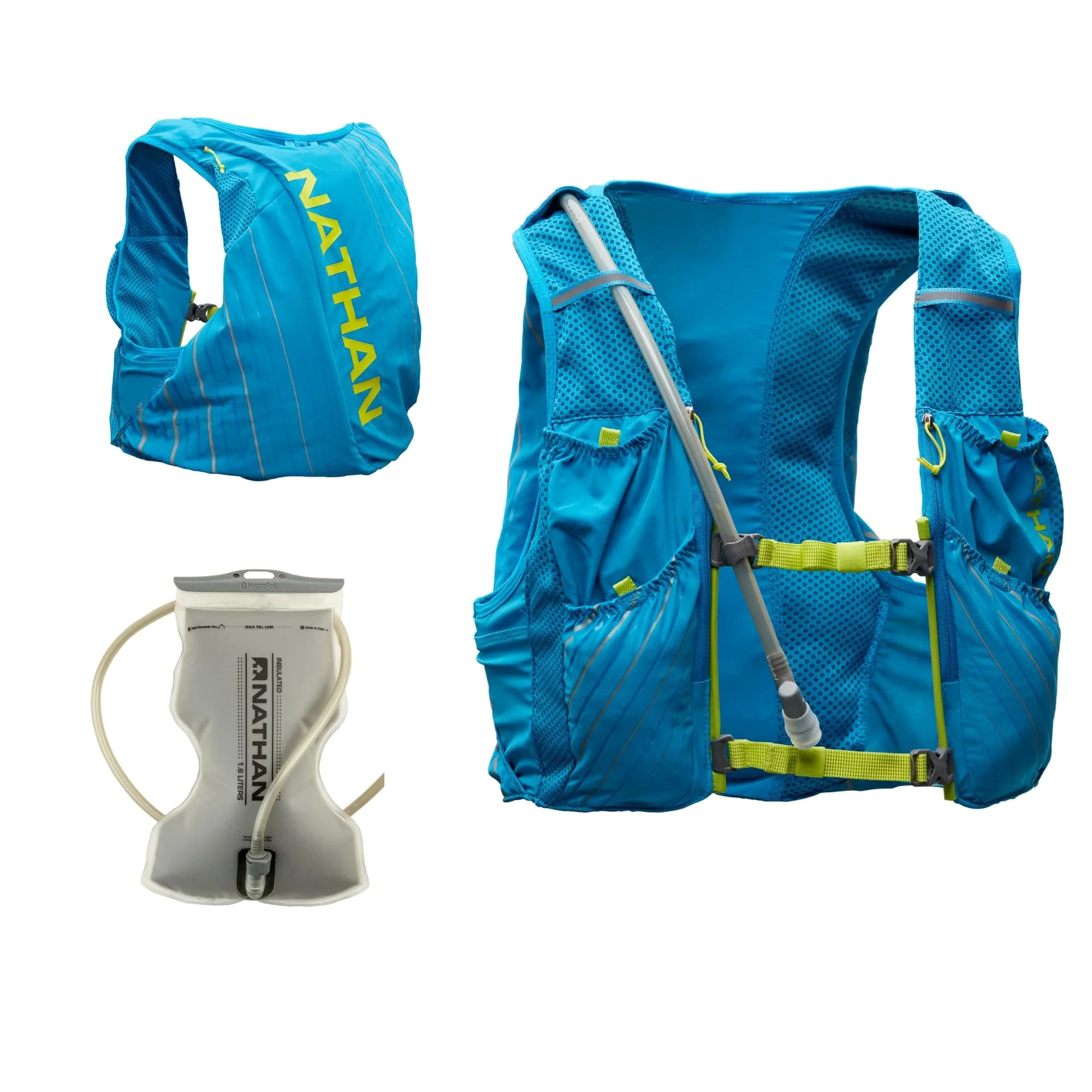 Nathan Women's Pinnacle Race Vest & 12L Hydration Pack | Water-Resistant, Moisture Wicking, 1.6L Bladder, Lightweight — Blue Me Away / Finish Lime / Large