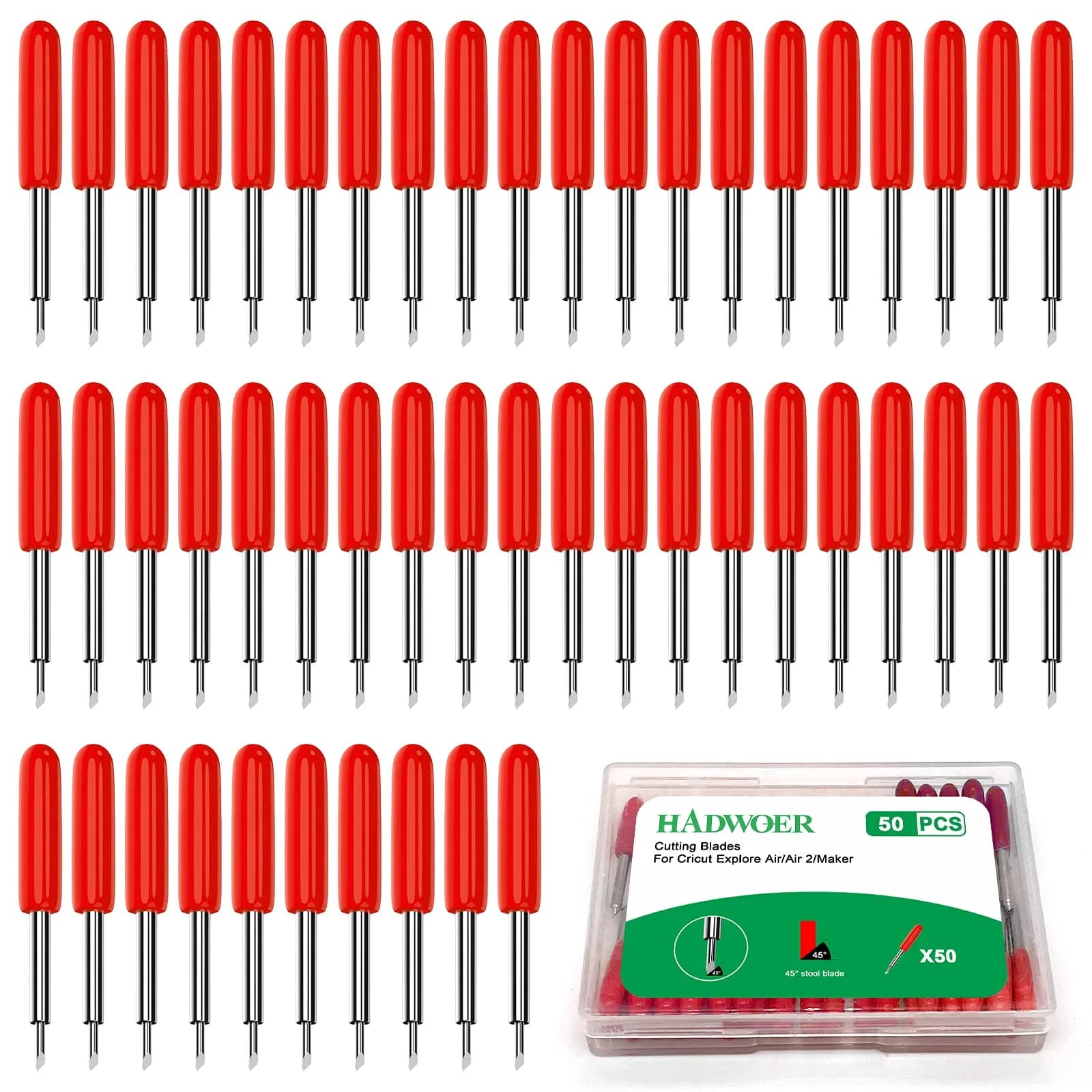 Hadwoer 50-Pack 45 Degree Fine Point Blades for Cricut Maker & Explore Air 2 | Cuts Vinyl, Cardstock, Fabric — Red-50pcs 45 Degree Standard Blades