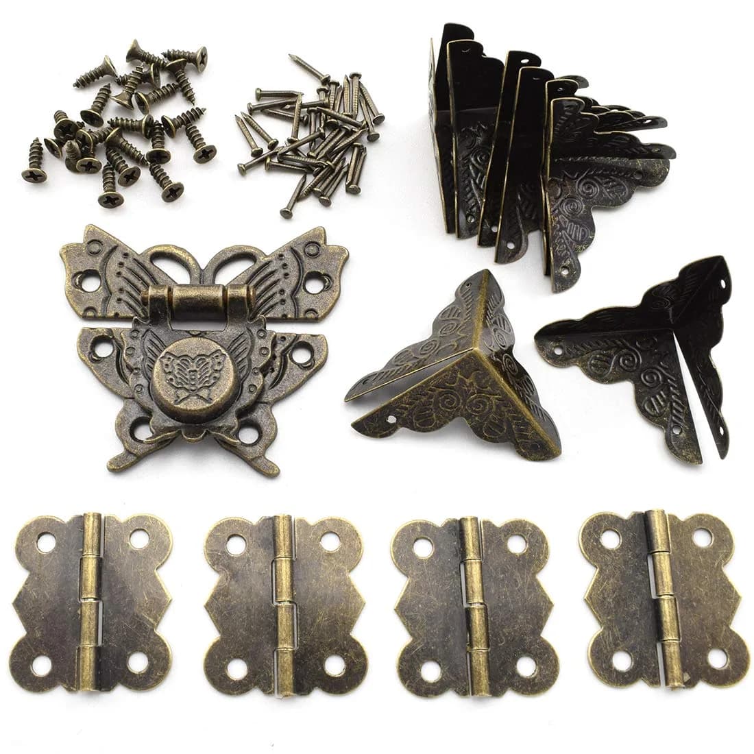 SDTC Tech Antique Jewelry Box Hardware Assortment Kit | Vintage Bronze Hinges & Corner Protectors (52mm Hasp, 30mm Hinges, 25mm Protectors)